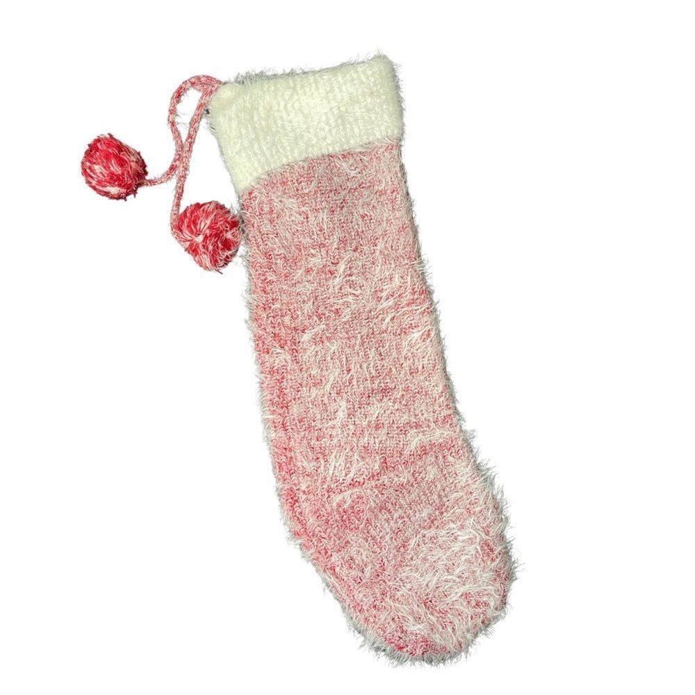 House & Garden Fancy Knit Red & White Christmas Stocking w/Poms 21” NWT